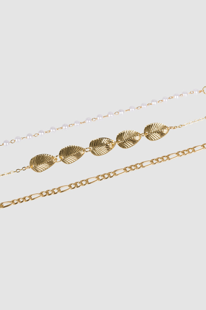 Pulsera Pack 3 Leaves And Pearls PULSERAS NOW Dorado 