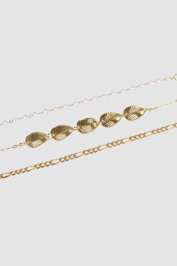 Pulsera Pack 3 Leaves And Pearls PULSERAS NOW Dorado 